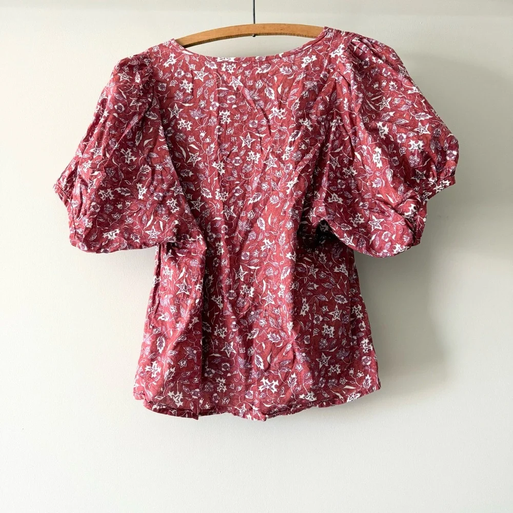 Madewell V-Neck Puff Sleeve‎ Top Batik Vine Weathered Brick Size XS